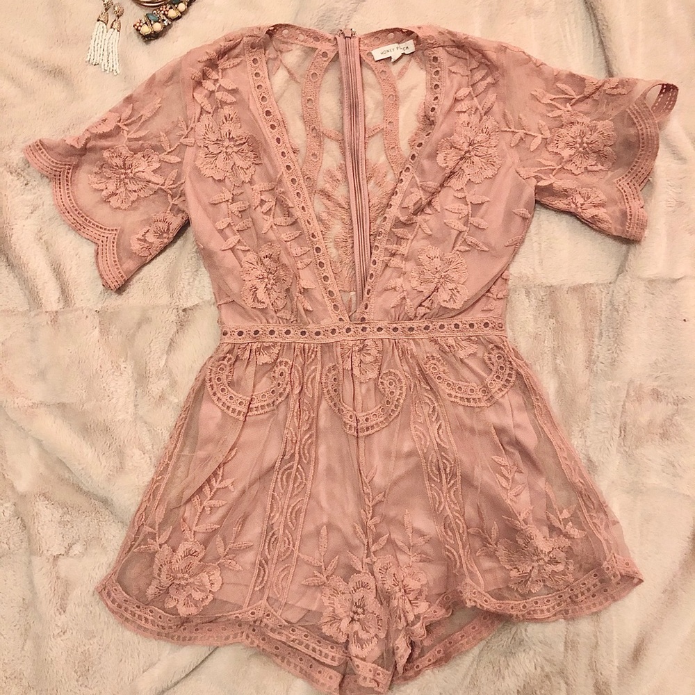 Honey Punch Blush Romper with sheer back